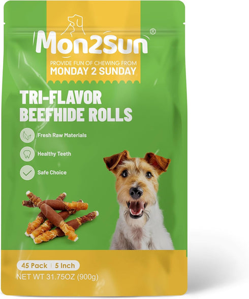MON2SUN 5 Inch 31.75 Oz (45 Count-Pack 1) Dog Treats, Triple Flavor Chicken Liver Duck and Chicken Wrapped Rawhide