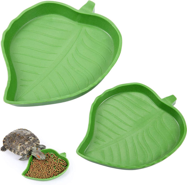 Boao 2 Pieces Leaf Reptile Food Water Bowl Plate for Tortoise, Corn Snake, Bearded Dragon, Lizards, Gecko, 2 Sizes