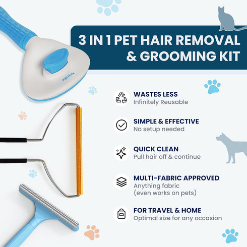 3-in-1 Set Analan Pet Hair Remover & Grooming for Dogs & Cats Self-Cleaning Brush for Shedding, Cat Brush, Metal Fur