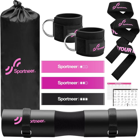 Sportneer Barbell Pad Set, 10Pcs Squat Pad for Hip Thrusts and Lunges with Ankle Straps and Resistance Bands