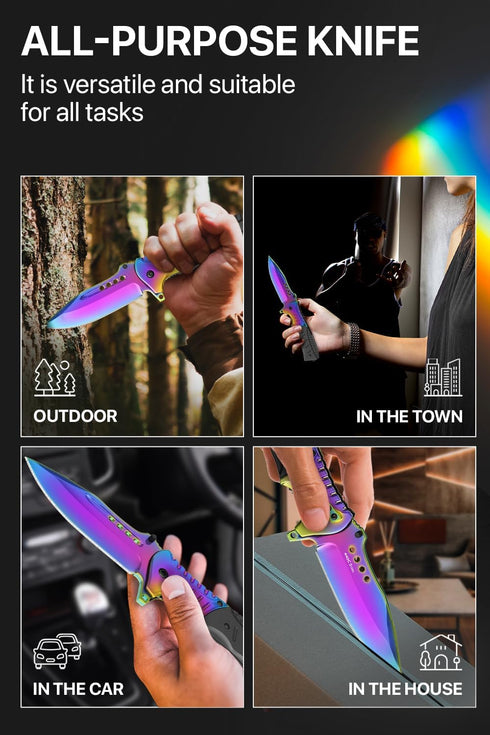 Grand Way Pocket Knife, Rainbow EDC USMC Jack Folding Knife, Best Camping Survival Gear, Gifts for Men 0208 BR