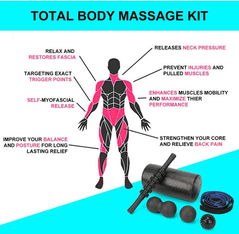 Foam Roller Set - High Density Back Roller, Muscle Roller Stick, Stretching Strap, Massage Ball