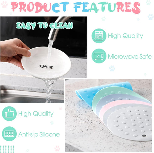 6 Pcs Whisker Fatigue Cat Bowl with Silicone Anti-Slip Mat, Shallow Cat Food Dish for Feeding Kittens, 6 Inch