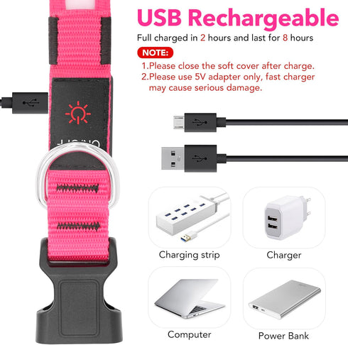 LED Dog Collar, Adjustable USB Rechargeable Light Up Collar, Super Bright Glowing Safety Collars for Dogs (Medium, Pink)