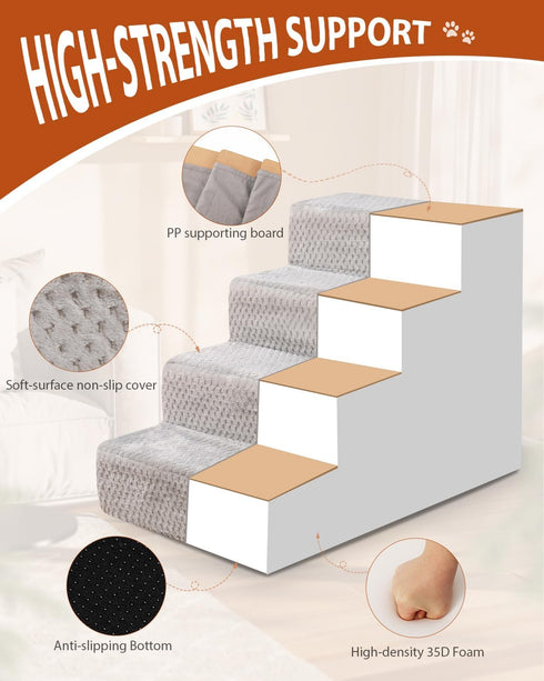 Dog Stairs for Small Dogs, 18" H, 4-Step Non-Slip Pet Steps for High Bed Couch, Washable Cover, Grey