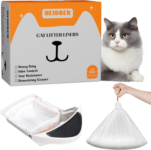 HEIDBER Drawstring Cat Litter Box Liners 100 Pack-Robot Litter Liner Bags for Robot