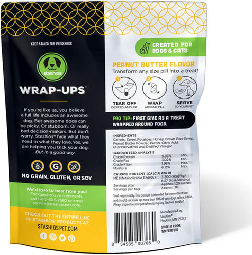 Wrap-Ups: Pill Wrapper - Peanut Butter - 30 Servings Bag, Dogs & Cats, Pet Treat Hides Any Size Pills, All Natural Limited Ingredients, USA