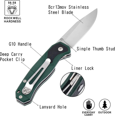 Outdoor Pocket Knife for Men, G10 Handle, 2.95-inch 8Cr13MoV Stainless Steel Blade, Portable Pocket Clip