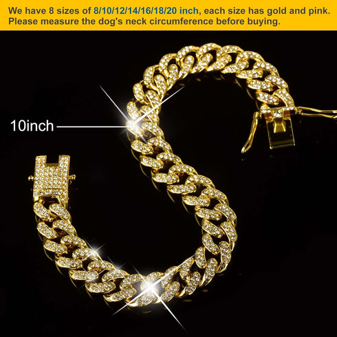 Dog Chain Collar, Diamond Link Walking Necklace with Secure Buckle for Small Medium Large Dogs Cats (Gold, 10 Inch)