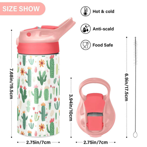 Wfrish 12 oz Colorful Cacti Flowers Kids Water Bottle with Straw Lid Insulated Stainless Steel Travel Tumbler BPA-Free