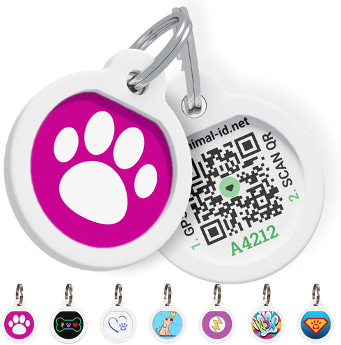 QR Code Dog Tag Silent ID Pet Tags Personalized Name Plate with Online Profile (Pink Paw, Small Round)