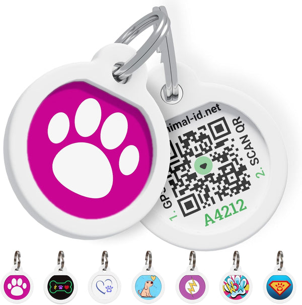 QR Code Dog Tag Silent ID Pet Tags Personalized Name Plate with Online Profile (Pink Paw, Small Round)