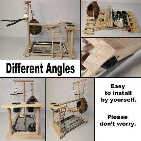 Parrots Playground Bird Play Stand Natural Wood Parrot Perch Gym Playpen Parakeet Nest with Feeder Cups Ladders