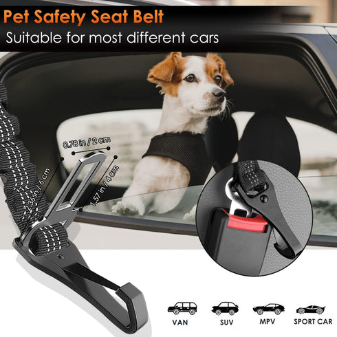 SlowTon Adjustable Dog Seat Belt, 2 in 1 Latch Bar Attachment Dog Car Seatbelt with Elastic Nylon Bungee Buffer (Black)