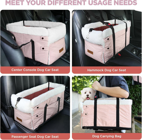 15lbs-Pink Center Console Dog Car Seat for Small Dogs,PU Leather Small Dog Car Booster Seat,Washable Foldable with Safe