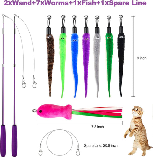 11PCS Cat Wand Toy, Interactive Toys for Indoor Cats, 2 Retractable Wands, 7 Worm Teaser Toys, 1 Plush Fish Toy, Extra