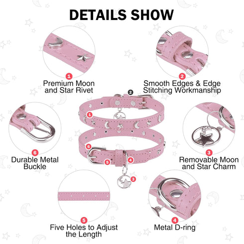 Leather Dog Collar for Puppy Small Medium Dogs, Adjustable Star and Moon Studded Pet Collars with Rust-Proof Metal Buckle and Charms, XS S Dog Collars for Boy and Girls, Size 11-14" Pink