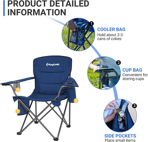 KingCamp Heavy Duty Oversized Comfy Folding Outdoor Portable Lawn Adults Bag Chair with Cooler for Outside Camp