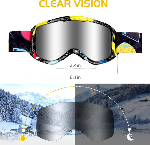 Kids Ski Goggles, Snowboard Goggles for Youth Boys Girls, OTG Anti-fog Goggles with Non-Slip Strap
