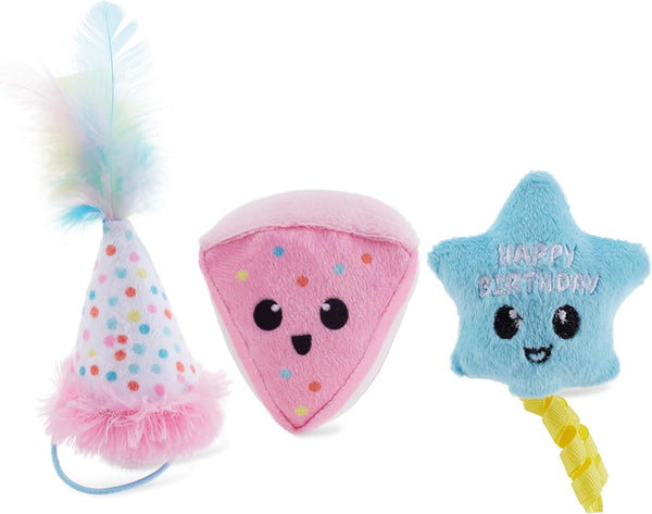 Catstages Happy Purrthday Cat Toys, 3-Pack Catnip Plush Toys with Crinkle, Feathers