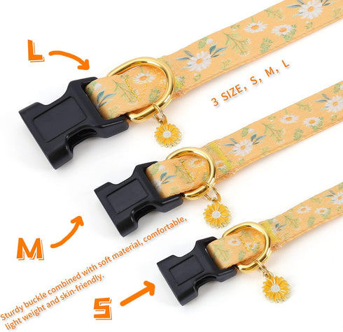 Cotton Handmade Dog Collar for Small Medium Large Dogs, Yellow Daisy with Pendant Cute Dog Collars, Ideal for Girl Dogs