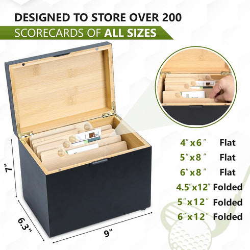 Golf Scorecard Collection Box with 5 Wooden Dividers - Organizer for Scorecards, Photos, Keepsakes; Great Gifts for Dads