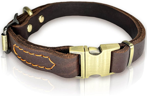 Leather Dog Collar with Metal Quick Release Buckle, Heavy Duty Adjustable Genuine Cowhide for Small Medium Large Dogs