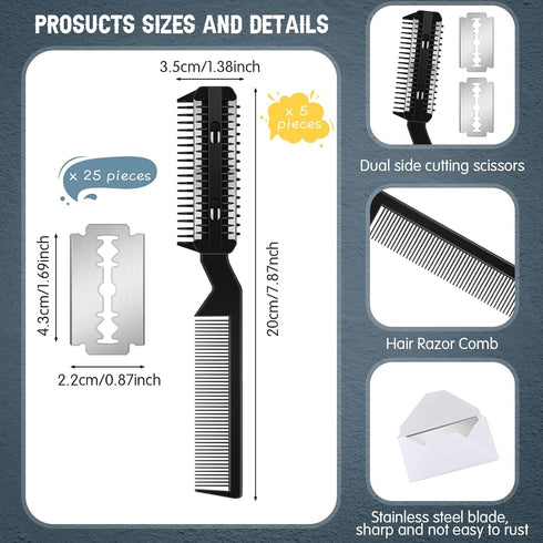 5 Pieces Razor Comb for Dogs Hair Grooming Trimmer Comb for Pet Razor Comb with 25 Extra Blades Manual Dog Hair Trimmer Comb Double Edge Razor for Dogs (Black)