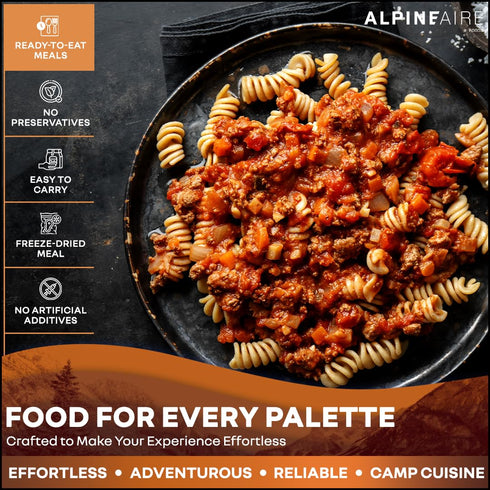 ALPINEAIRE 5.53 Oz 2 630 28g Backpacking 5 Pack 1 Foods Spicy Sausage Bolognese Premium Ready-to-Eat Freeze-Dried Meal