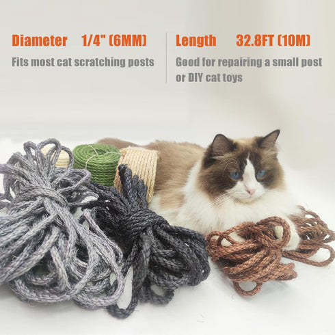 Natural Sisal Rope for Cat Scratcher, 1/4 Inch 33FT Multi Color Replacement Rope for Cat Scratching Post