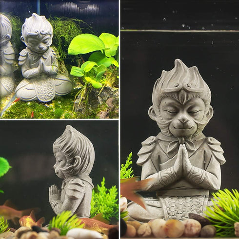 Aquarium Statue Monkey King Decorations | Asian Buddha Fish Tank Collectible Figurines, Cement Safe Aquarium Decor