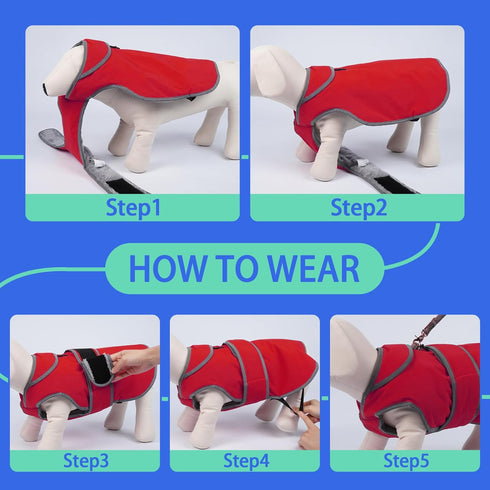MIGOHI Reflective Waterproof Dog Coat, Medium, Red, Fleece Lined