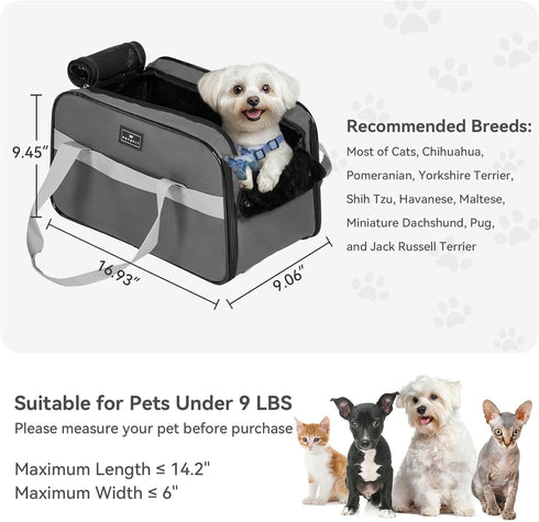 9 LBS PETSFIT Multipurpose Center Console Dog Car Seat, Airline Approved Dog Car Carrier with Safety Tether