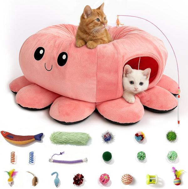 Cat Tunnel Bed with 20 Cat Toys, Collapsible Play Tunnel for Indoor
