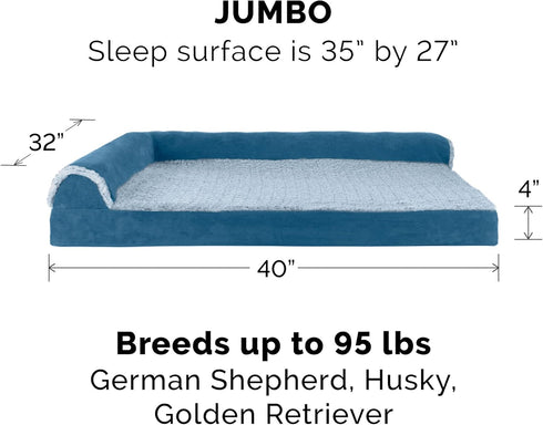 Furhaven Replacement Dog Bed Cover, Two-Tone Faux Fur & Suede L Shaped Chaise, Machine Washable, Marine Blue, Jumbo