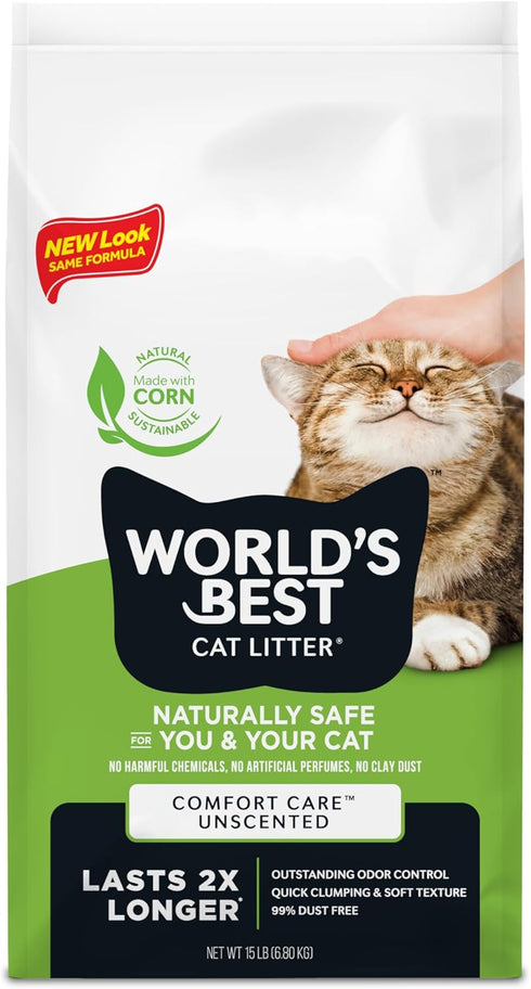 WORLD'S BEST CAT LITTER Comfort Care Unscented 15-Pounds - Quick Clumping, Flushable, 99% Dust Free, Natural
