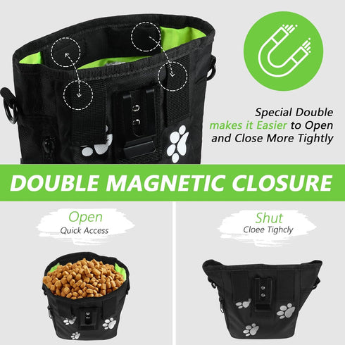 Dog Treat Pouches for Training, Large Pouch with Built-in Poop Bag Dispenser and Dog Clicker - Black Pattern