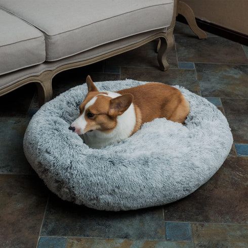 Coohom Oval Calming Donut Cuddler Dog Bed, Washable Faux Fur Cat Bed, Round Pillow Pet Bed (30"/36"/43"), Grey