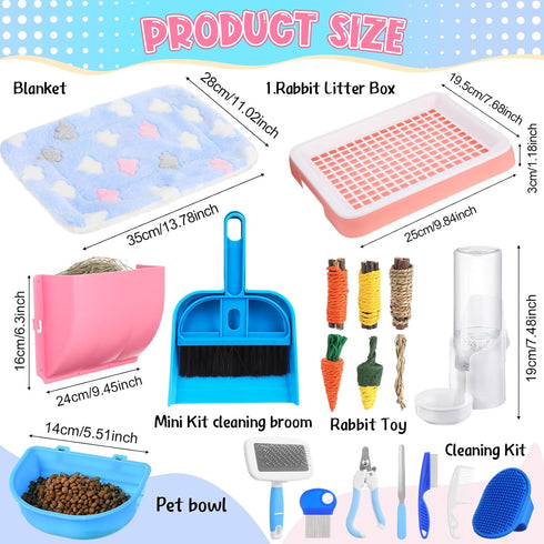 19 Set Pcs Rabbit Starter Kit Small Bunny Litter Box Rabbit Grooming Kit Water Bottle Bunny Toys Hay Feeder Bowl