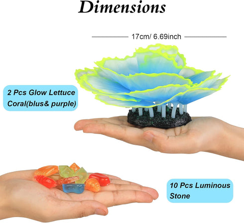 Glow Aquarium Decor by Glowing Fish Tank Decorations, 2pcs Silicone Flower Plants & 10pcs Colourful Sea Shells