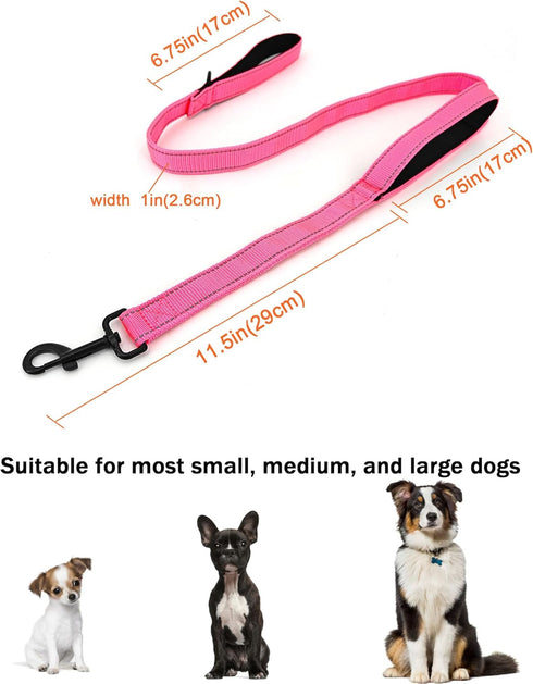 4FT Pink Strong Dog Leash with 2 Padded Handles, Traffic Handle for Extra Control, Reflective Walking Lead