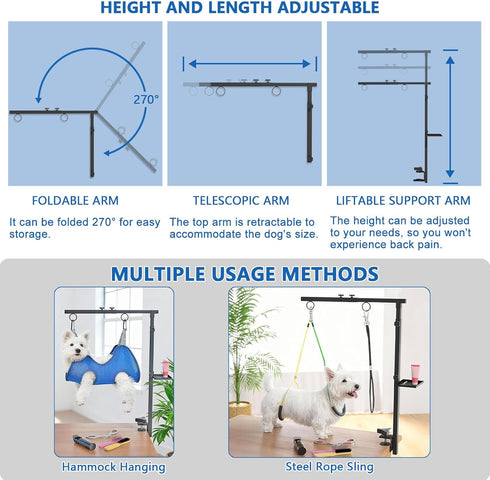 Lazaluking (33"-43") Hammock, Dog Grooming Table Arm with Clamp | Extendable, Foldable Stand & Restraint with Grooming