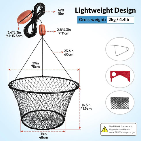 30" 4.4/9.5lb, 36 QualyQualy Crab Ring Trap, Heavy Duty Crab Nets Crab Net for Crabbing Pier with Fishing Buoy & Tarred