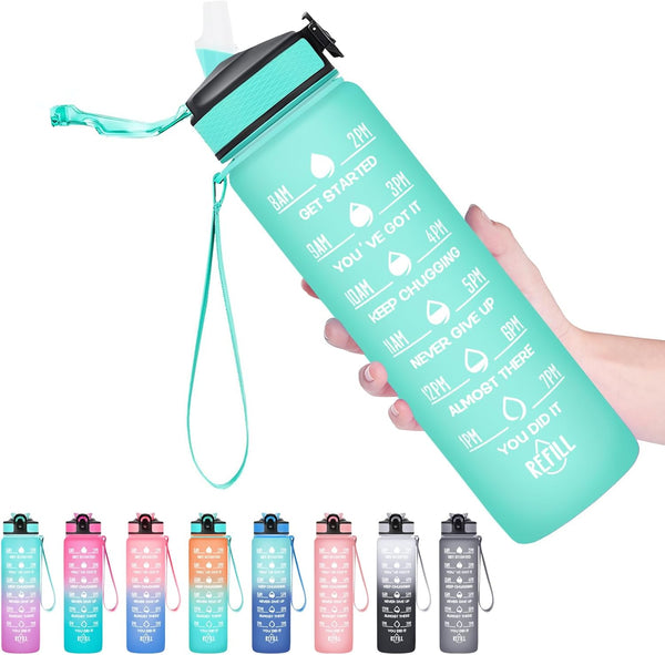 Hyeta 32 oz Water Bottle with Times to Drink and Straw, Motivational Leakproof Sports Bottle