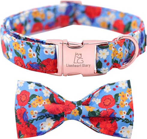 Lionheart glory Floral Print Dog Collar with Bowtie, Adjustable Soft Collars for X-Small to Large Dogs