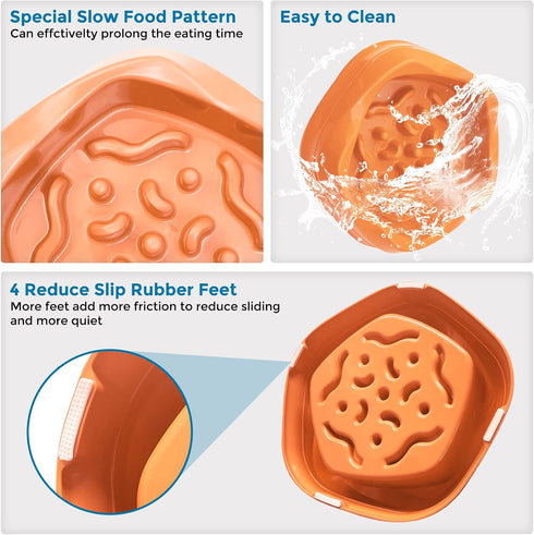 Durable Non-Slip Slow Feeder Dog Bowls, 2 Cups, Orange, BPA Free, Puzzle Feeder for Puppy and Small Dogs