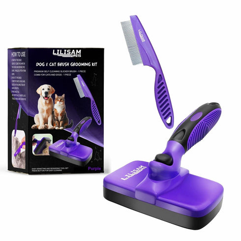 LILISAM Pet Self Cleaning Slicker Brush and Grooming Comb - Gently Removes Loose
