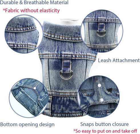 Dog Jeans Jacket, Cool Blue Denim Coat for Small Medium Dogs, Comfort Lapel Harness Vest with D-Ring for Leash