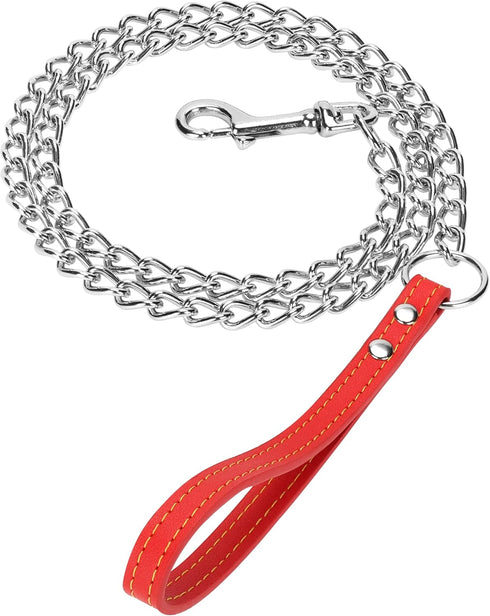 Chain Dog Leash with Leather Handle, 4 Feet Red
