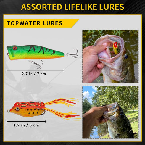 GOTOUR Fishing Lures Accessories Kit with Tackle Box, Fishing Hooks Minnow Crankbait Frog Popper Lure Worm Fishing